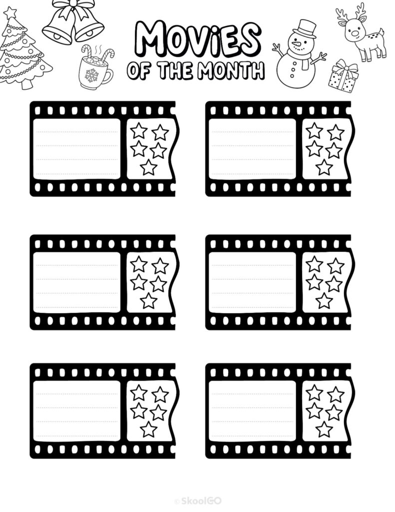 Printable December movies page for journaling, planning, and reminders in black and white