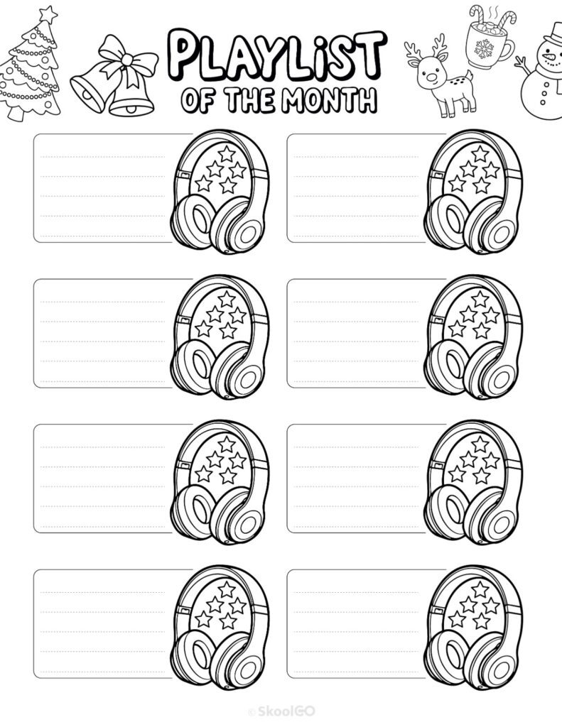 Printable December playlists page for journaling, planning, and reminders in black and white