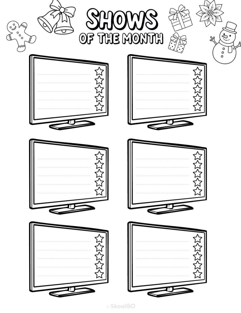 Printable December shows for journaling, planning, and reminders in black and white