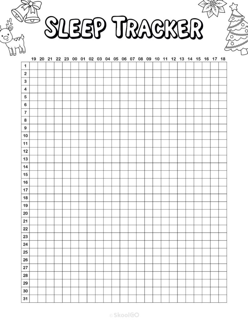 Printable December sleep tracker planner page in black and white