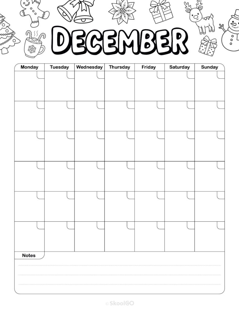December monthly journal planner printable page in black and white