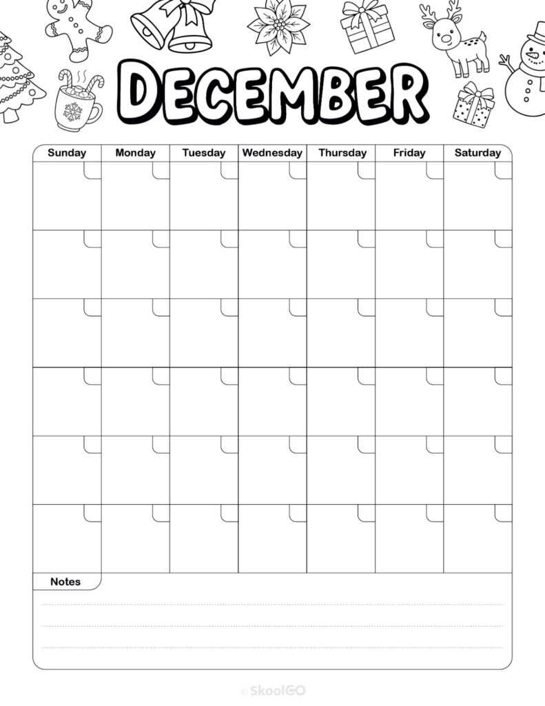 Printable weekly journal planning page for December in black and white