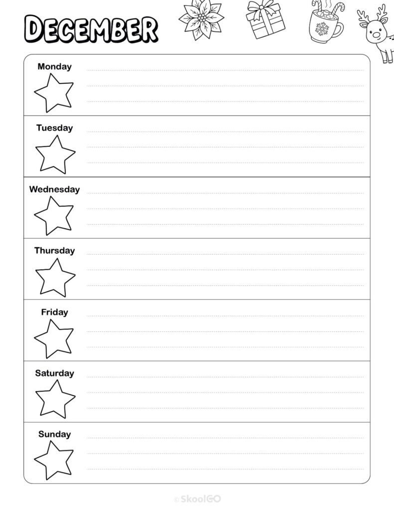 Printable December weekly planner with Monday start and notes section in black and white
