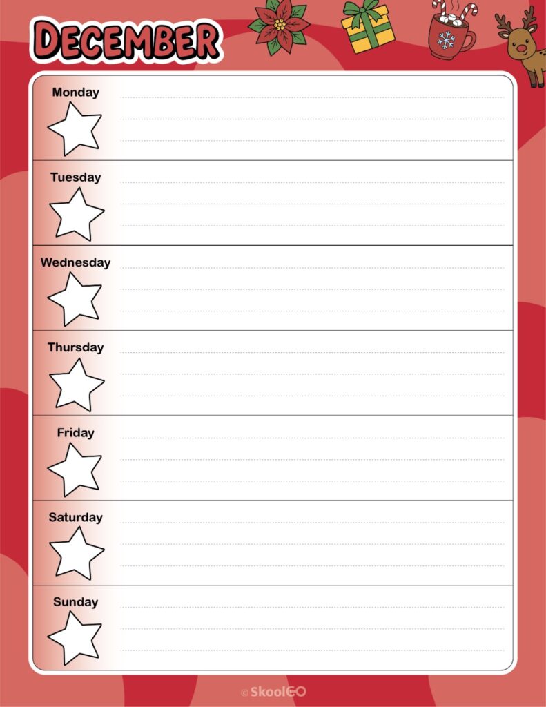 Printable December weekly planner with Monday start and notes section