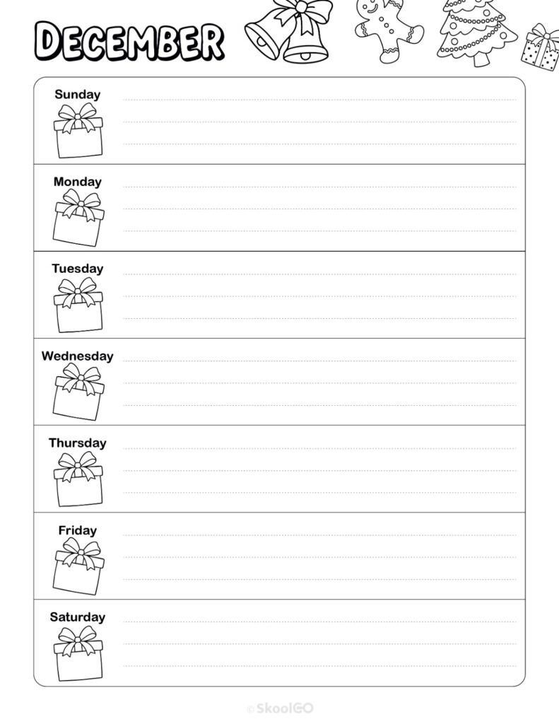 Printable December weekly planner with Sunday start and notes section in black and white