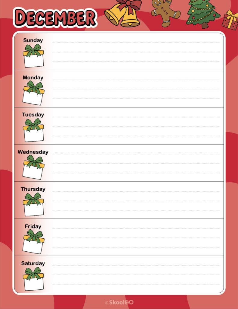 Printable December weekly planner with Sunday start and notes section