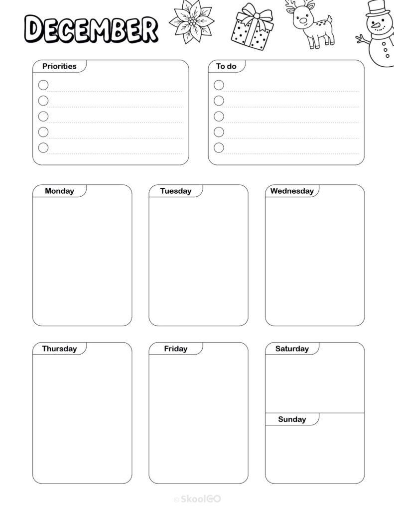 Printable December weekly planner with priorities and to-do list in black and white