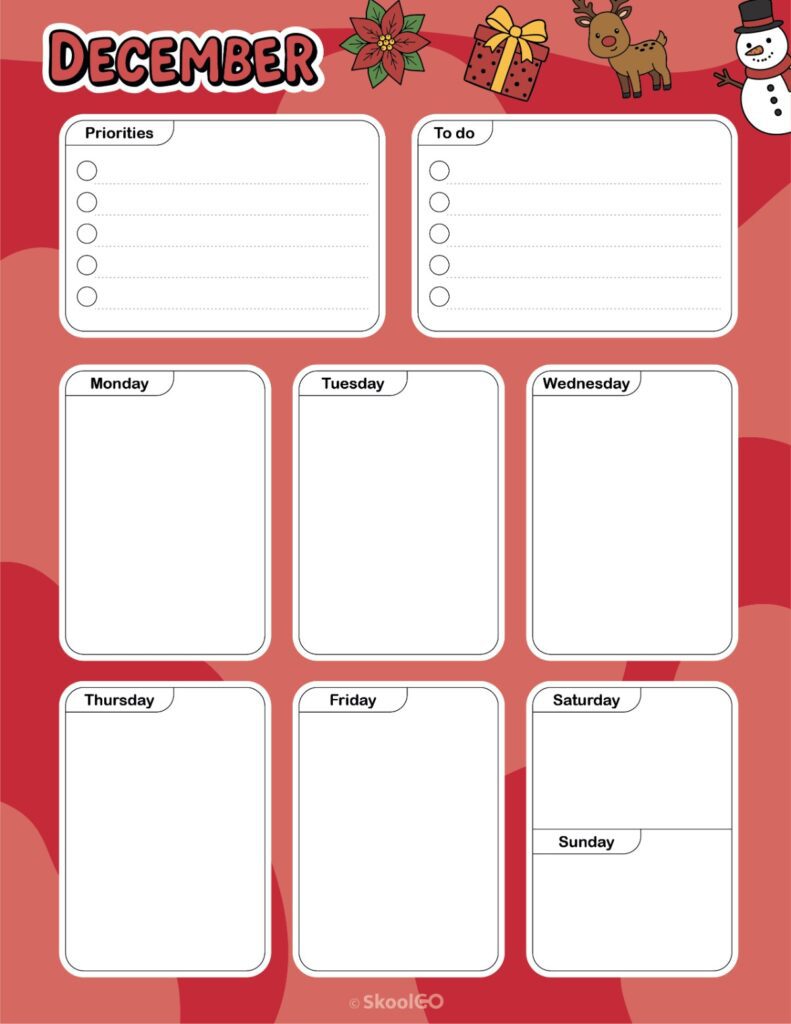 Printable December weekly planner with priorities and to-do list