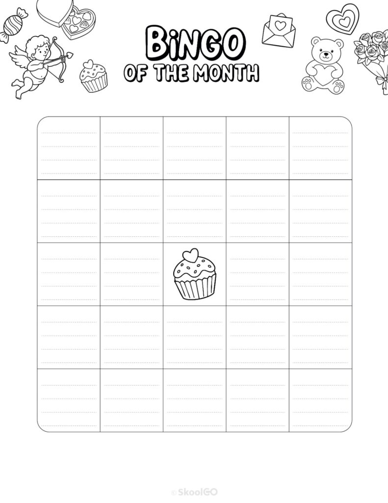 Printable February bingo activity page for journaling and planning in black and white