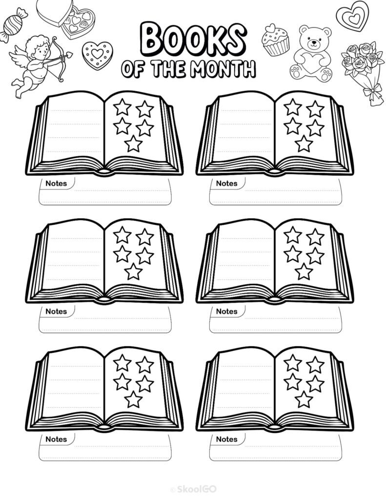 Printable February books page for journaling, planning, and reminders in black and white