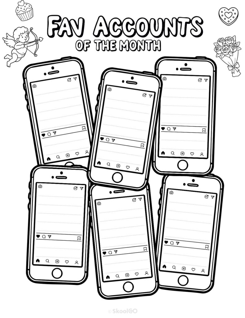 Printable February social networks fav accounts page for journaling, planning, and reminders in black and white