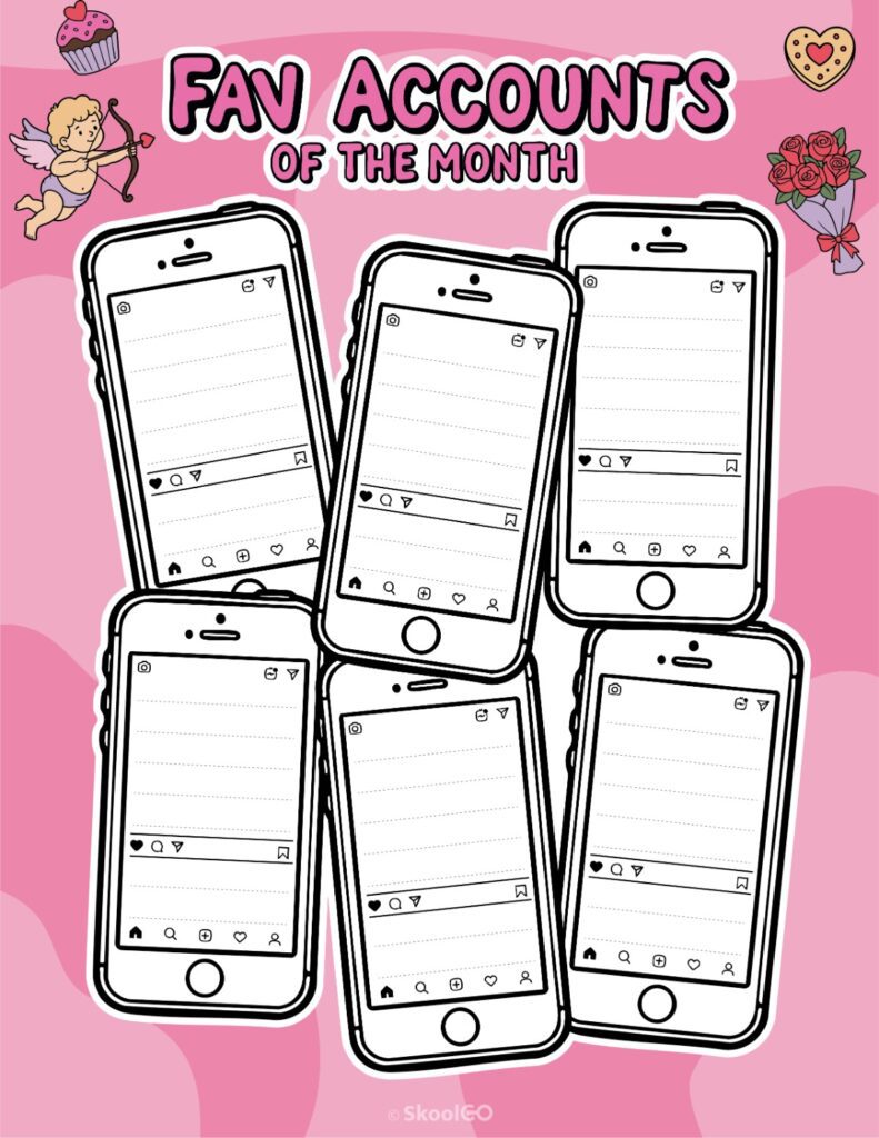 Printable February social networks fav accounts page for journaling, planning, and reminders