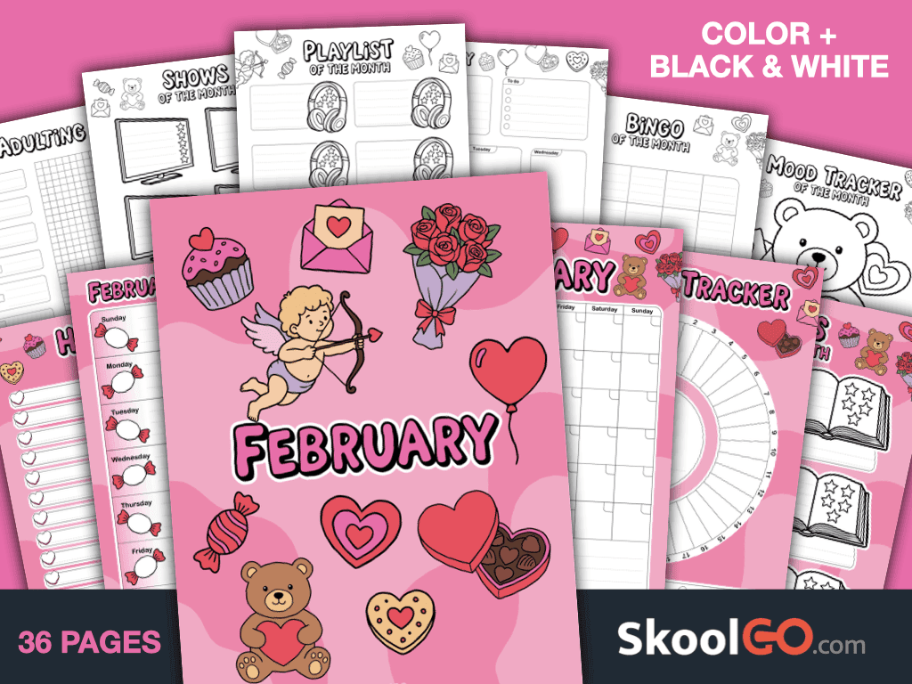 Free Printable February Journal Planner Bundle with calendars, trackers, journals, and planning pages