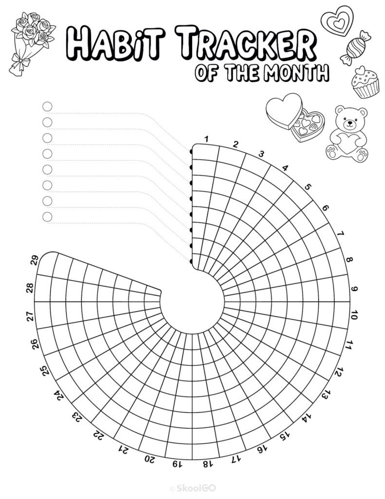 Printable February habit tracker calendar page in black and white