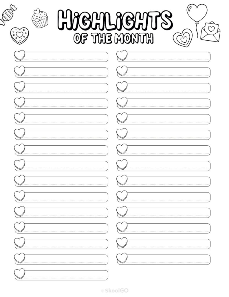 Printable February highlights page for journaling, planning, and reminders in black and white