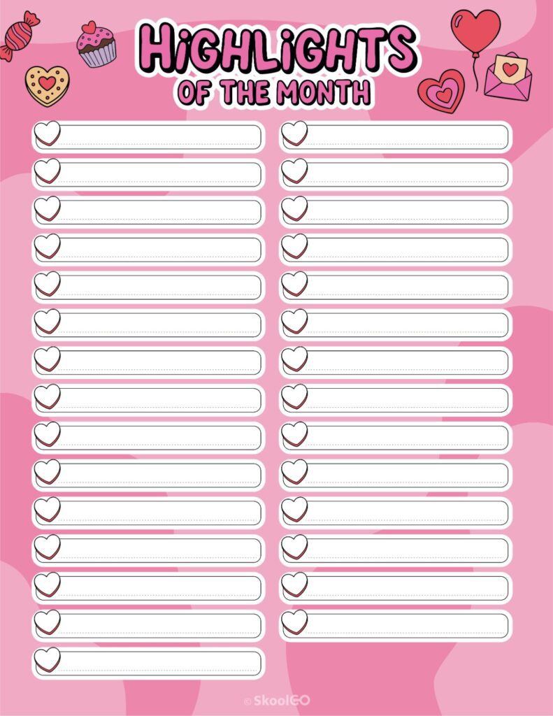 Printable February highlights page for journaling, planning, and reminders