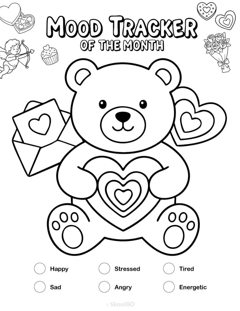 Printable February mood tracker page in black and white