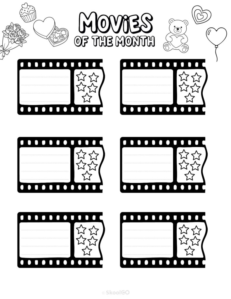 Printable February movies page for journaling, planning, and reminders in black and white