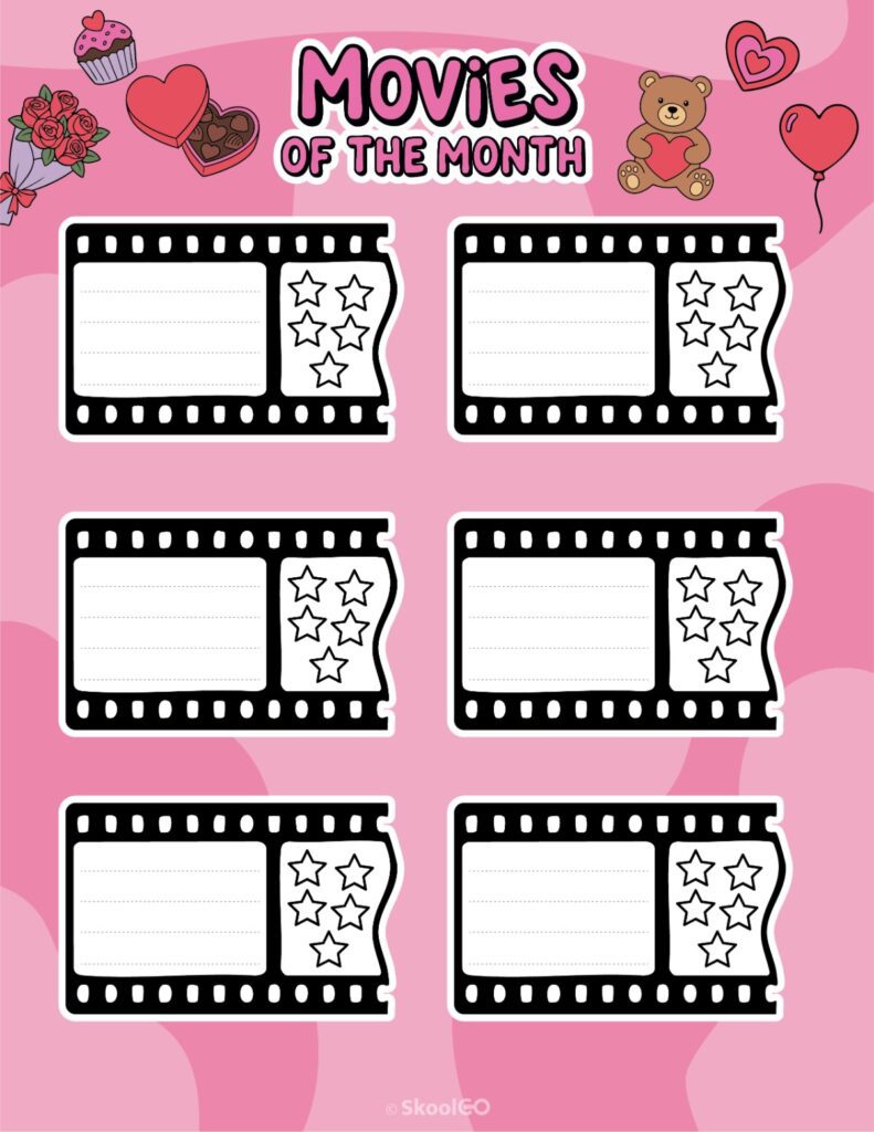 Printable February movies page for journaling, planning, and reminders