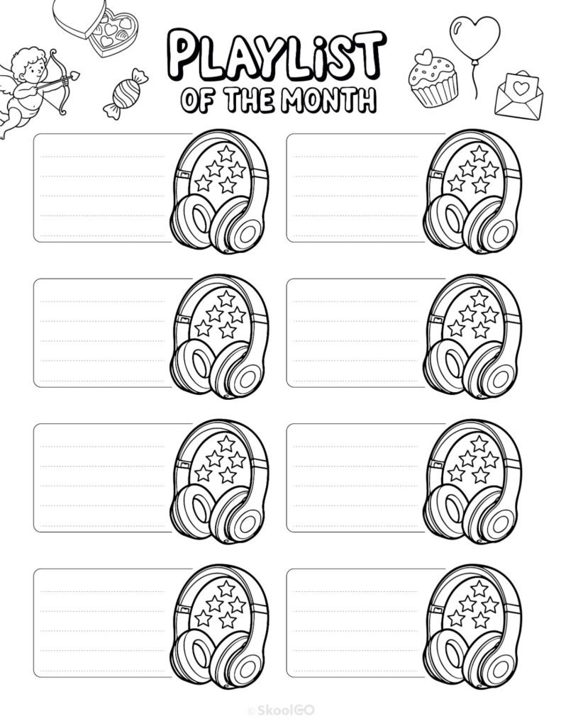 Printable February playlists page for journaling, planning, and reminders in black and white