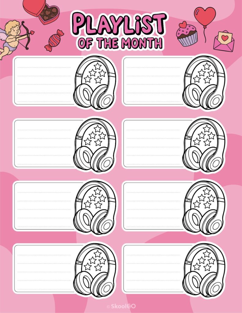 Printable February playlists page for journaling, planning, and reminders