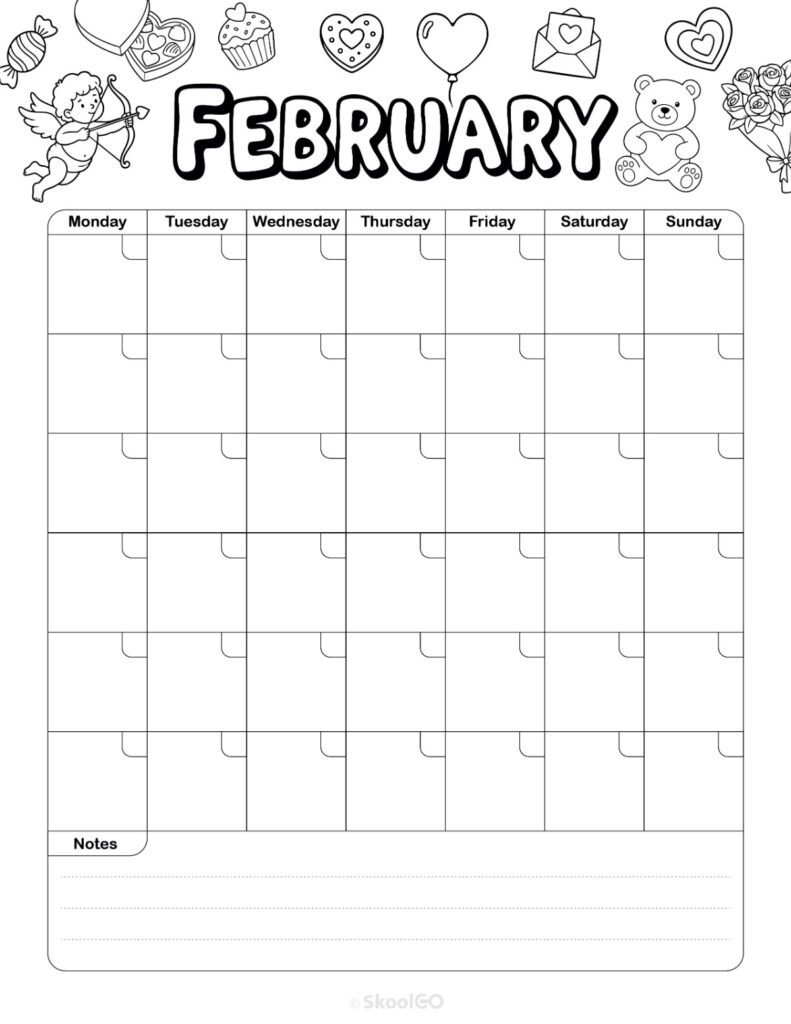 February monthly journal planner printable page in black and white