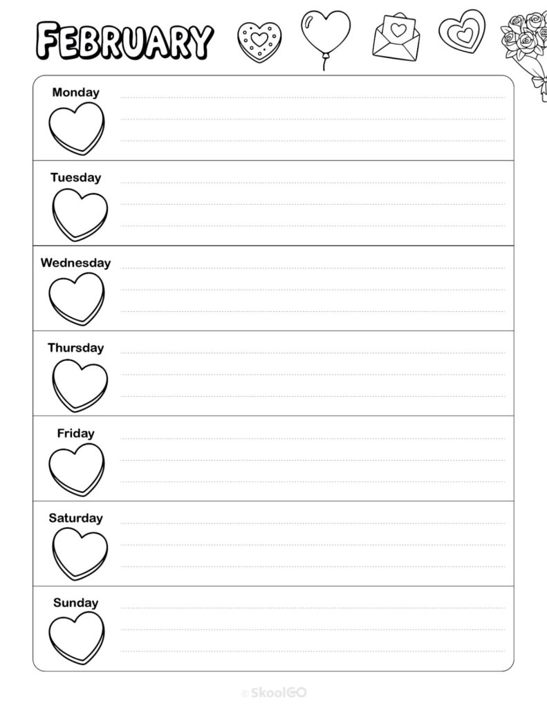 Printable February weekly planner with Monday start and notes section in black and white