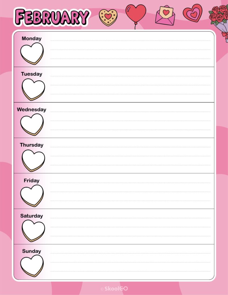 Printable February weekly planner with Monday start and notes section