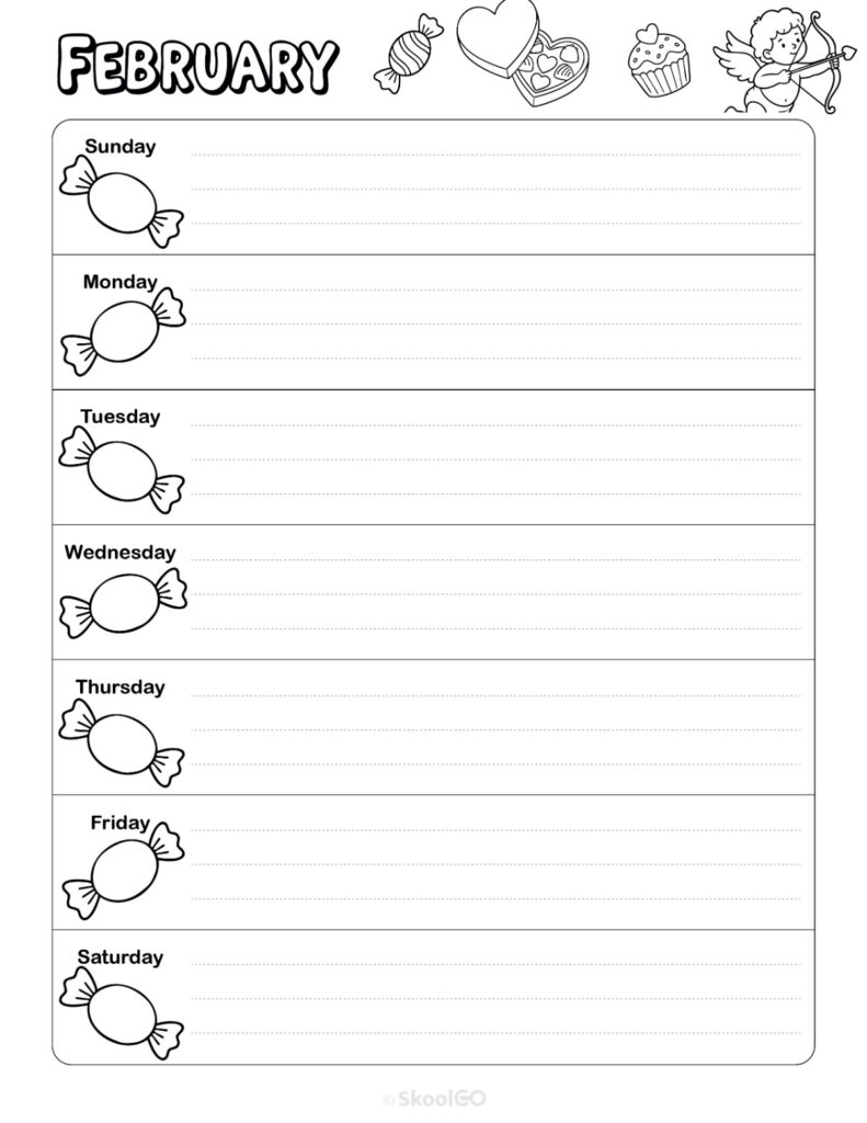 Printable February weekly planner with Sunday start and notes section in black and white