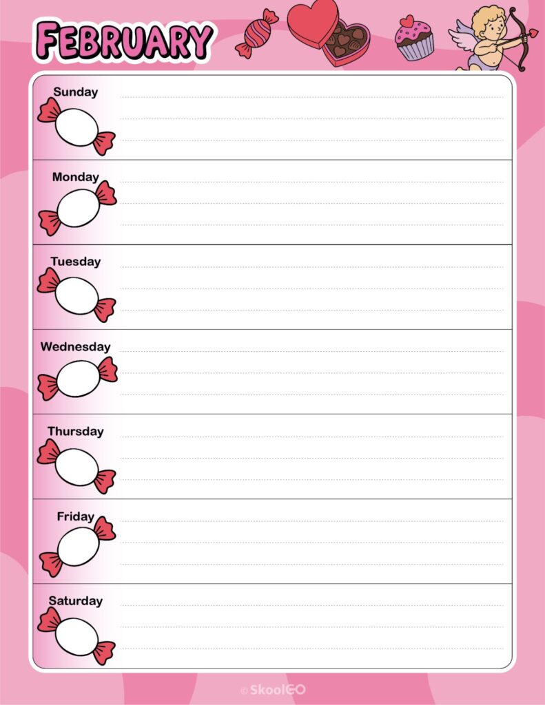 Printable February weekly planner with Sunday start and notes section