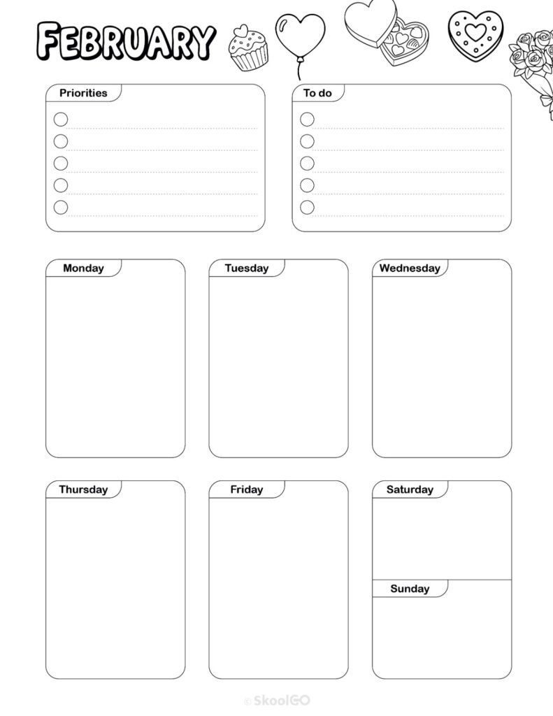Printable February weekly planner with priorities and to-do list in black and white