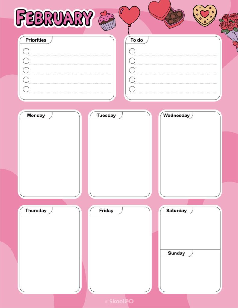 Printable February weekly planner with priorities and to-do list