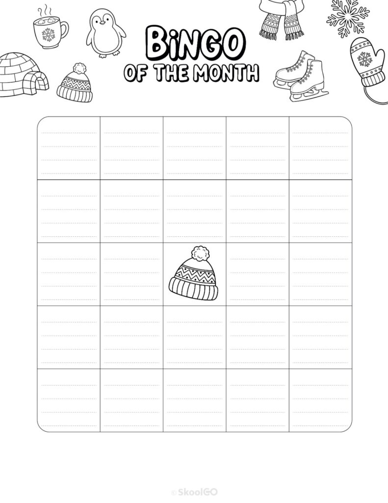 Printable January bingo activity page for journaling and planning in black and white