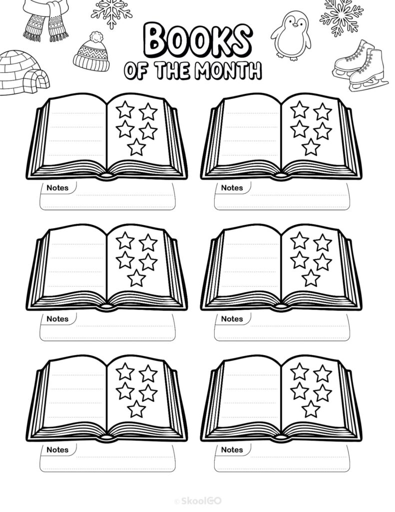 Printable January books page for journaling, planning, and reminders in black and white