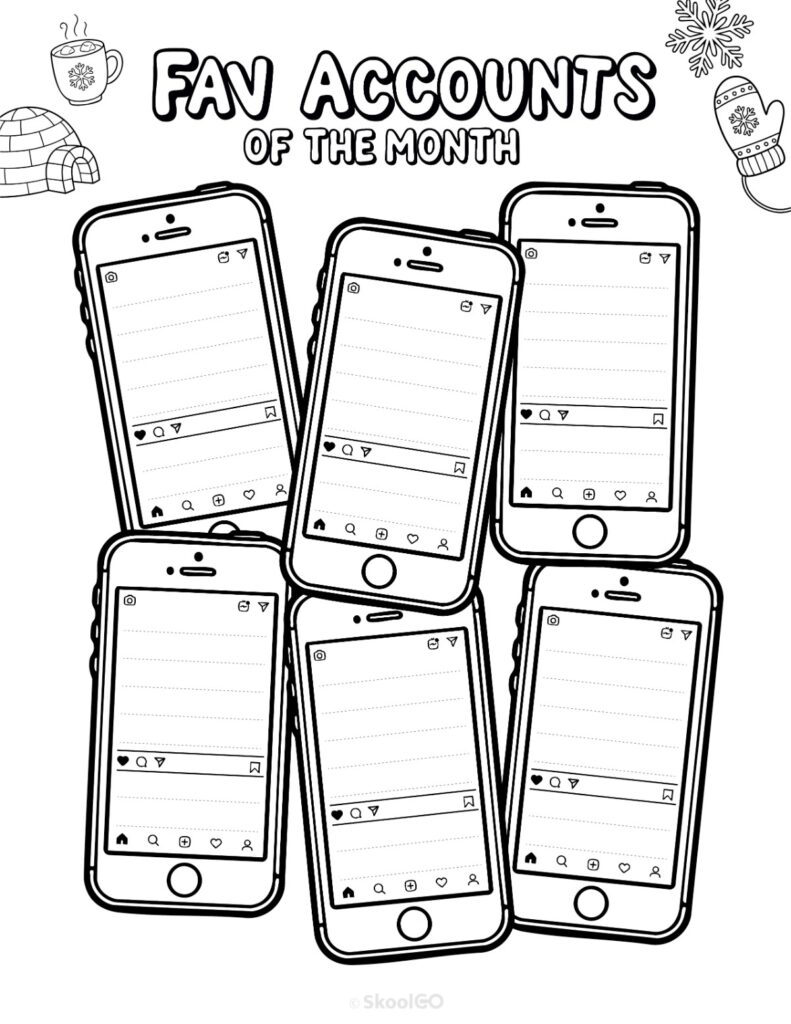 Printable January social networks fav accounts page for journaling, planning, and reminders in black and white