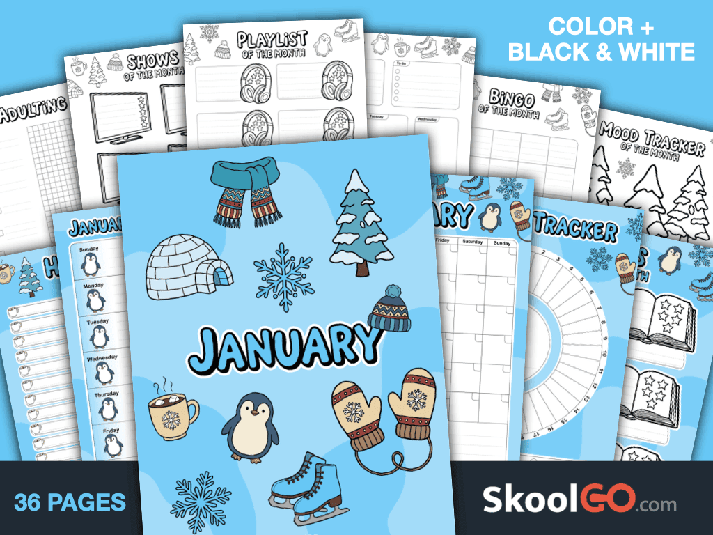 Free Printable January Journal Planner Bundle with calendars, trackers, journals, and planning pages