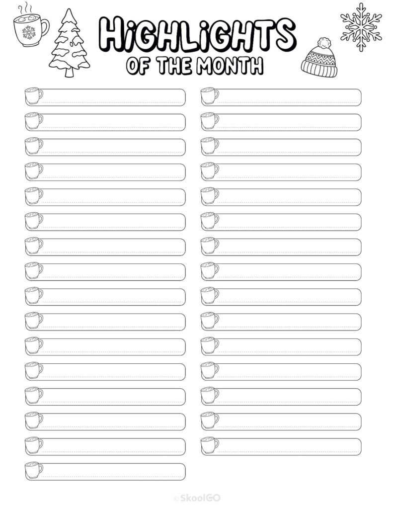 Printable January highlights page for journaling, planning, and reminders in black and white