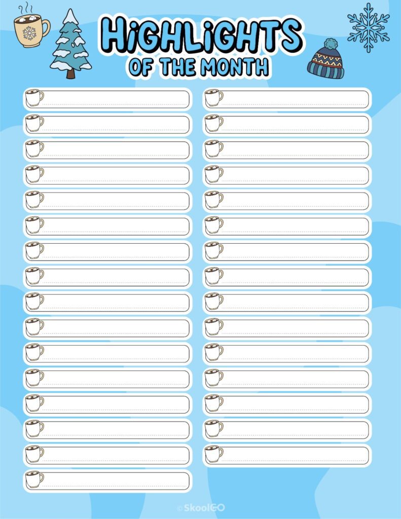 Printable January highlights page for journaling, planning, and reminders