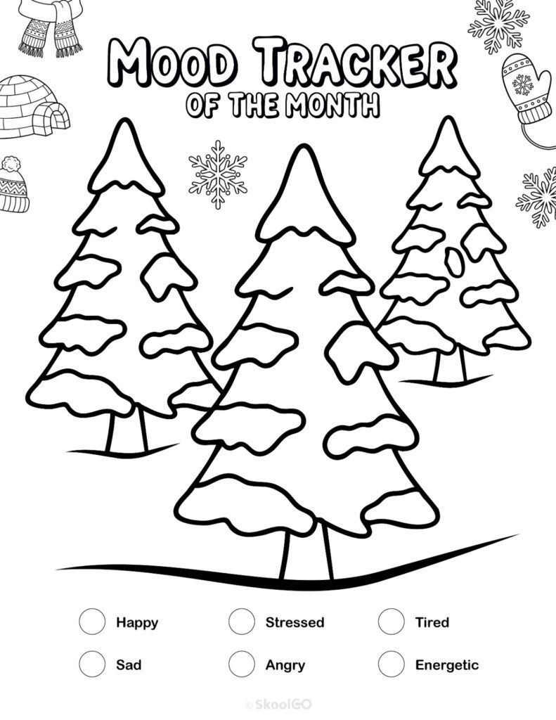 Printable January mood tracker page in black and white