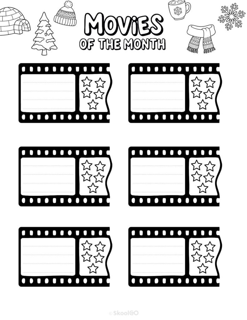 Printable January movies page for journaling, planning, and reminders in black and white