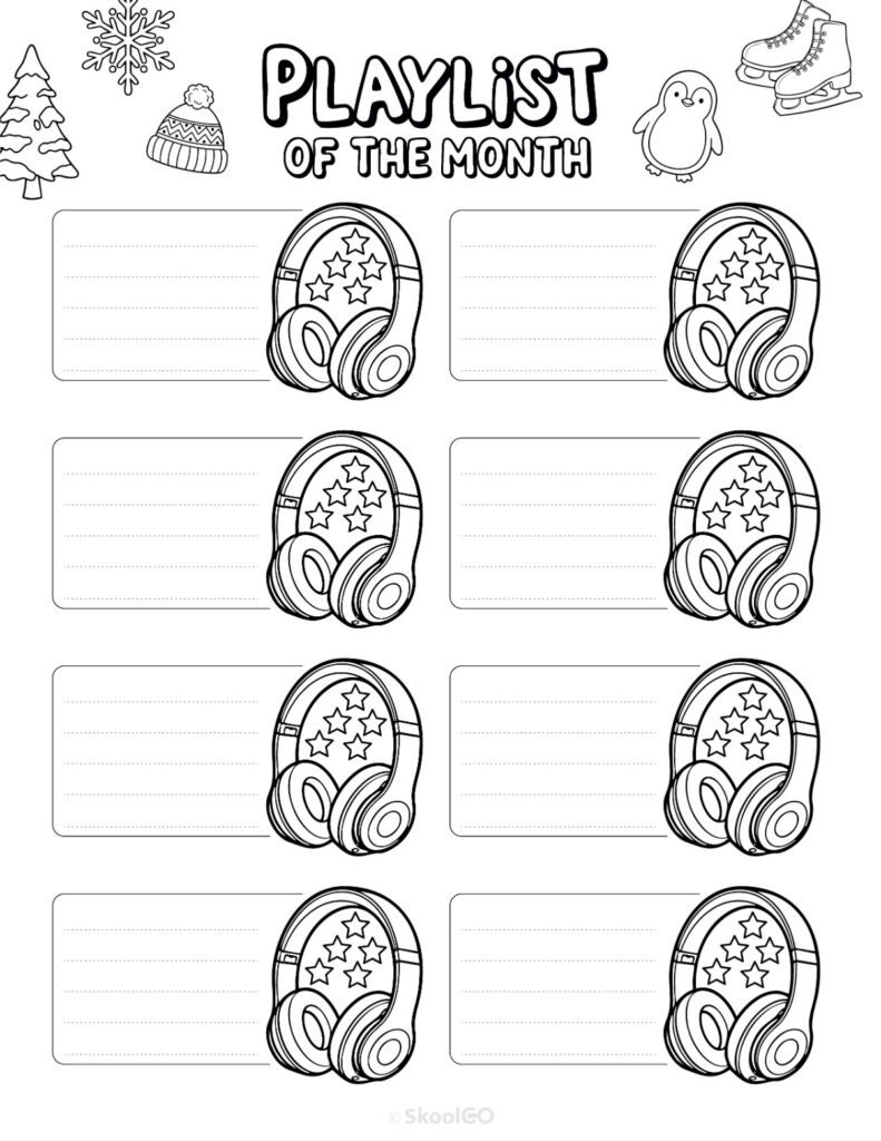 Printable January playlists page for journaling, planning, and reminders in black and white
