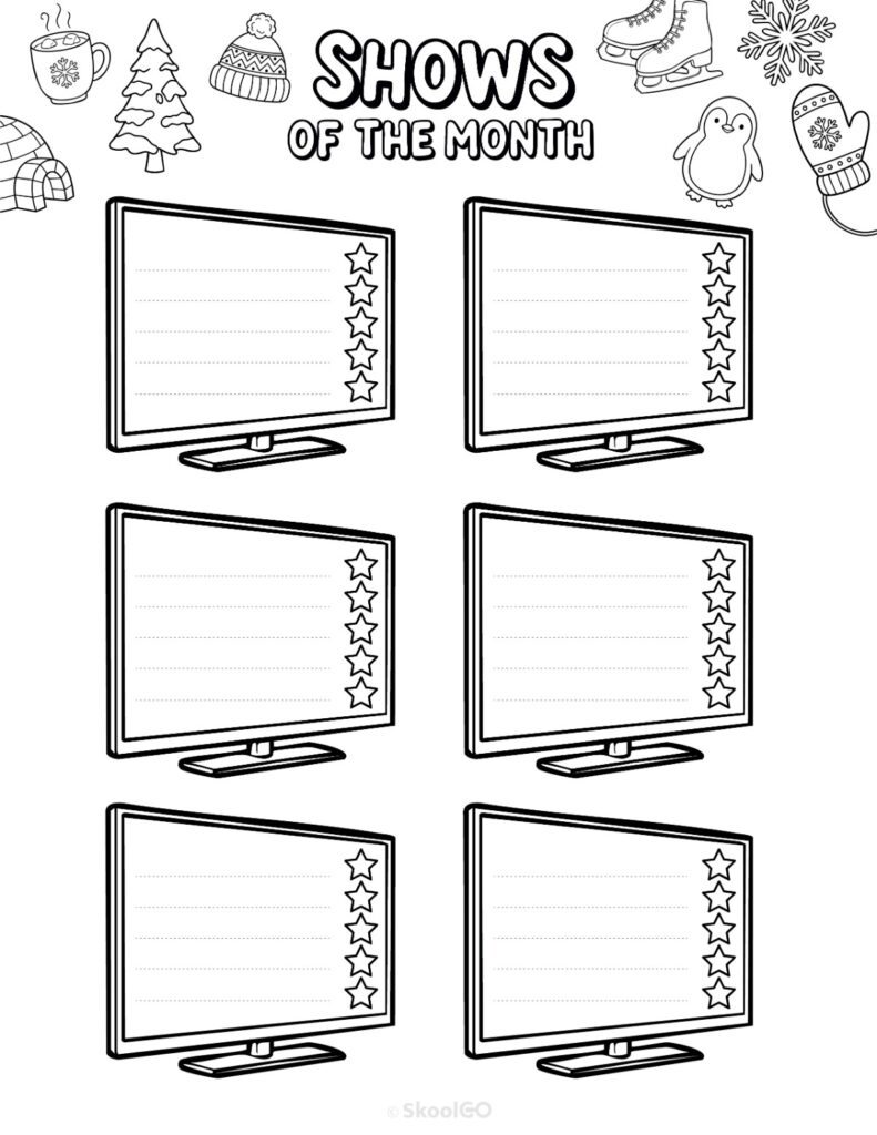 Printable January shows for journaling, planning, and reminders in black and white