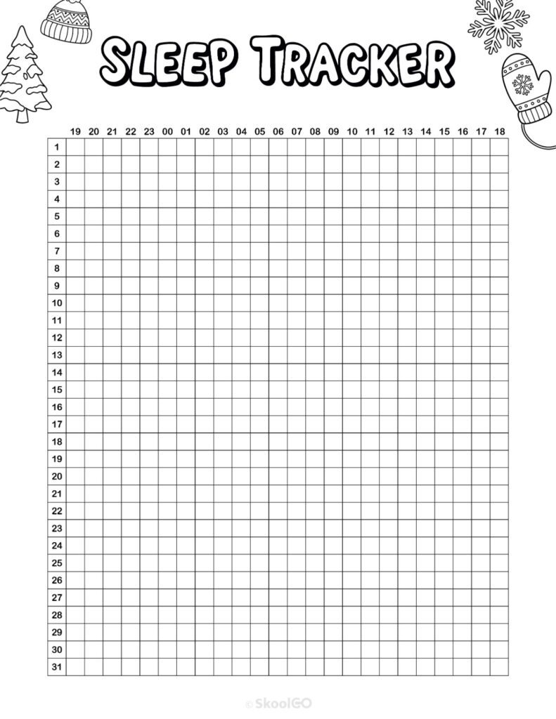Printable January sleep tracker planner page in black and white