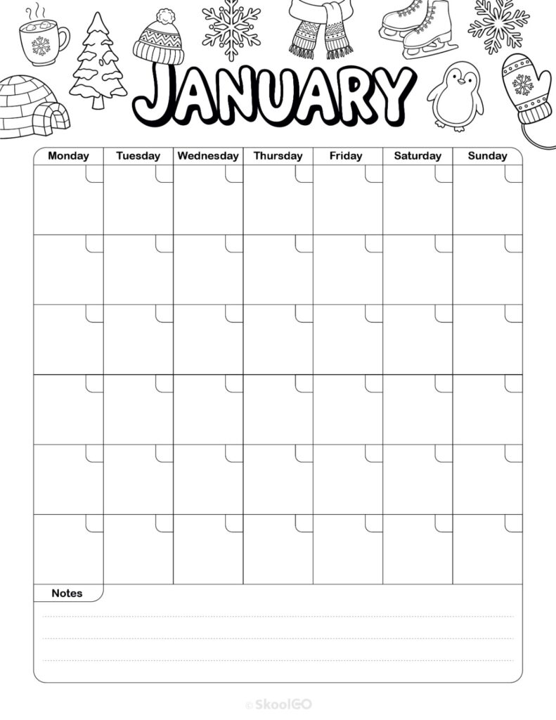 January monthly journal planner printable page in black and white