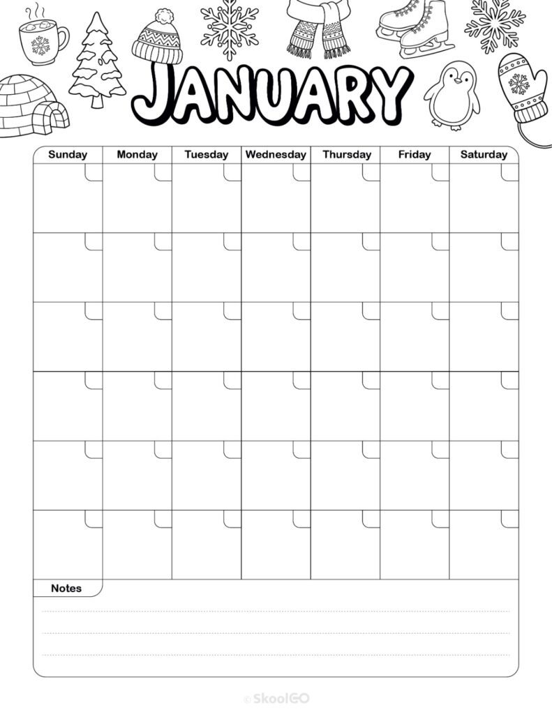 Printable weekly journal planning page for January in black and white