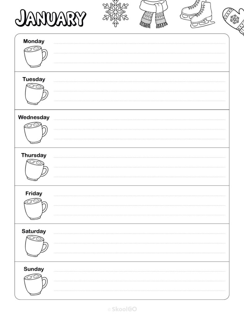 Printable January weekly planner with Monday start and notes section in black and white