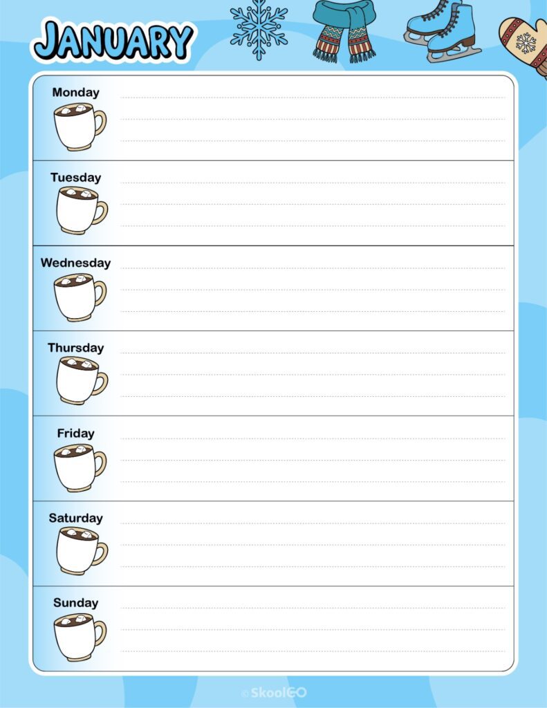 Printable January weekly planner with Monday start and notes section