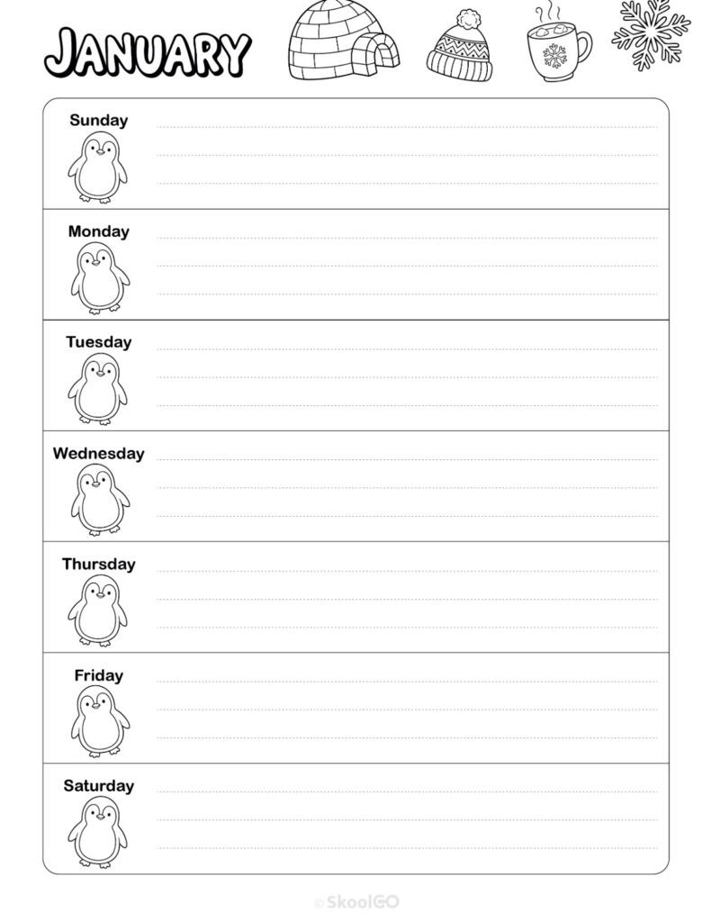 Printable January weekly planner with Sunday start and notes section in black and white