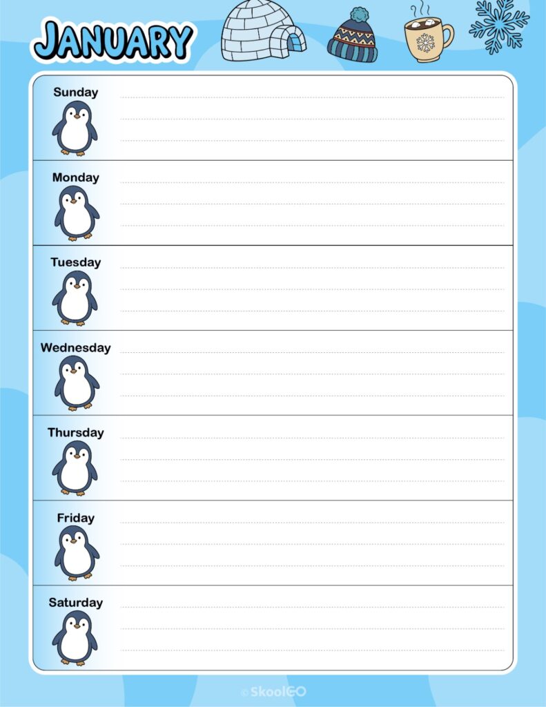 Printable January weekly planner with Sunday start and notes section