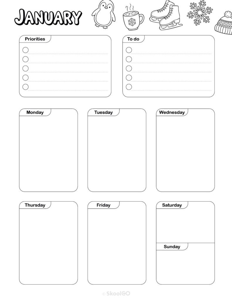 Printable January weekly planner with priorities and to-do list in black and white